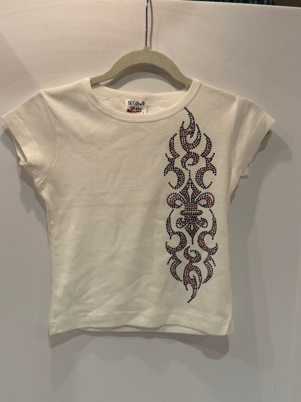 Vintage SECOND SKIN Tee with black and red Rhinestone Tribal Stripe